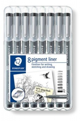 Tusfilc készlet, 8 különböző vonalvastagság, STAEDTLER "Pigment liner 308", fekete